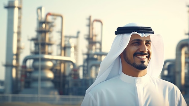 Successful Muslim Arab businessman with an oil pump oil refinery plant in the background Successful Saudi Emirati Arab businessman