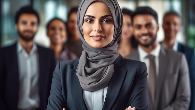 Successful muslim business woman smiling confident with arms crossed female manager in office