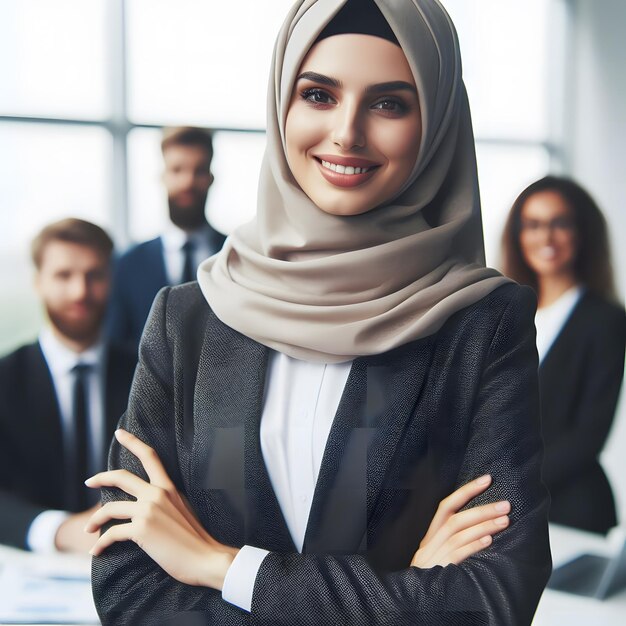 Successful muslim business woman smiling confident with arms crossed female manager with white bg