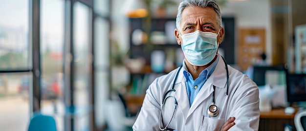 Successful Physician Looking at the Camera Wearing a White Coat Stethoscope and Face Mask Standing in His Office at His Clinic COVID19 Coronavirus Safety and Protection