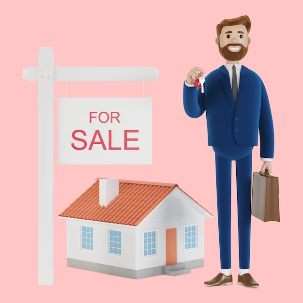 A successful realtor holds a key in his hand and sells, rents a house. 3D illustration.