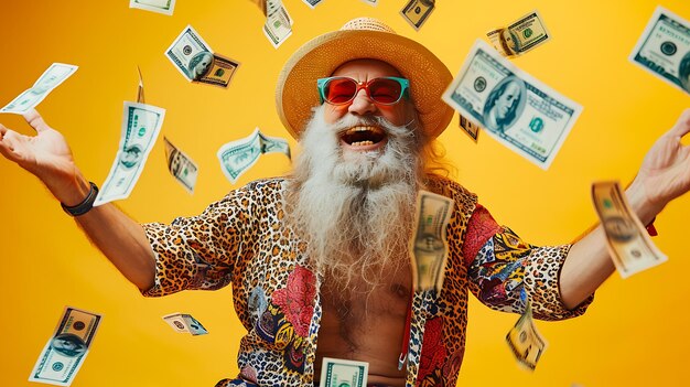 Photo successful and rich old man with a long white beard and sunglasses is throwing money in the air he is wearing a straw hat and a colorful shirt