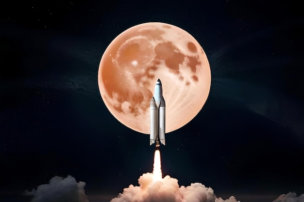 Successful rocket launch into space on the background of a full moon with craters and stars