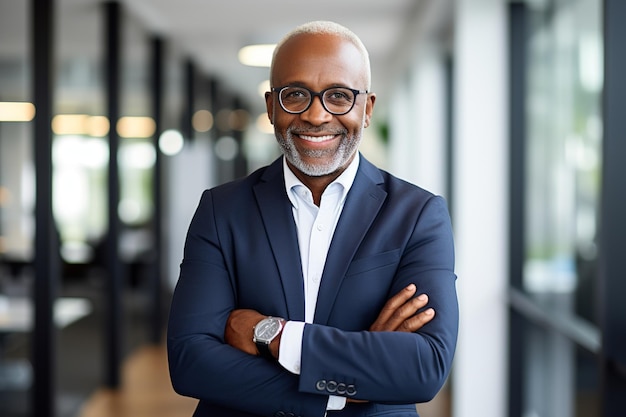 Photo successful senior african businessman posing with crossed arms smiling at the camera in the office