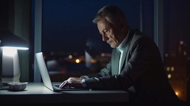 Успешный старший бизнесмен, работающий поздно ночью на ноутбуке в большом городском офисе Генеративный ИИ