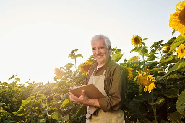 Successful senior farmer in workwear looking at you while reading document among ripe large sunflowers in front of camera