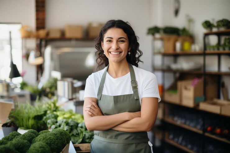 Photo successful shop owner smiling happily in her grocery store