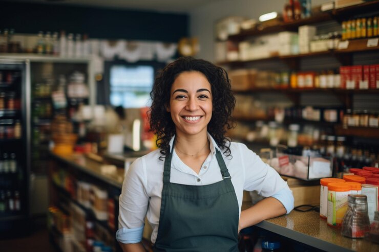 Photo successful shop owner smiling happily in her grocery store
