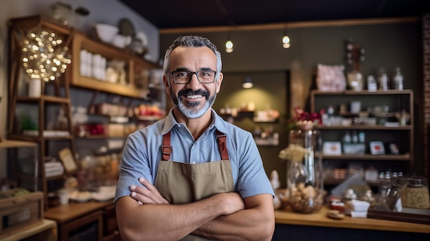 Успешный владелец малого бизнеса, стоящий со скрещенными руками на фоне своего модного кафе. Создано с помощью технологии генеративного ИИ.