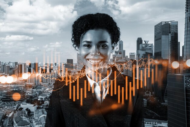 Successful smiling attractive black woman trader suggesting a\
new strategy of investment in stocks to grow client income woman in\
business concept forex chart singapore double exposure