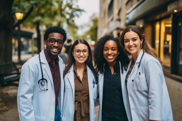 Photo successful team of medical doctors are looking at camera and smiling while standing in hospital