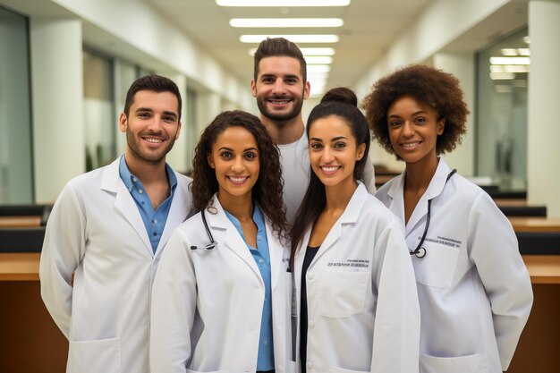 Photo successful team of medical doctors are looking at camera and smiling while standing in hospital