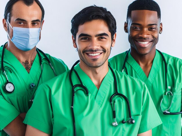 Successful team of medical doctors are looking at camera and smiling while standing in hospital