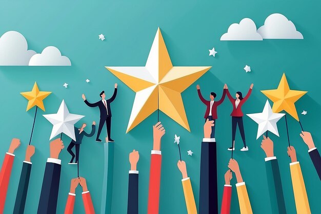 Photo successful teamwork concepts paper cut as group of worker raise up a star together