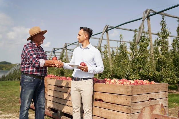 Foto transazione di successo tra l'agricoltore senior e il rappresentante di vendita sul frutteto di mele