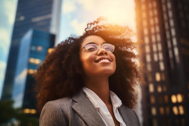 Photo successful wealthy black businesswoman standing happily ai