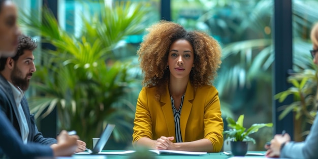 Successful Woman Delivering Engaging Presentation To Attentive Colleagues In Corporate Setting