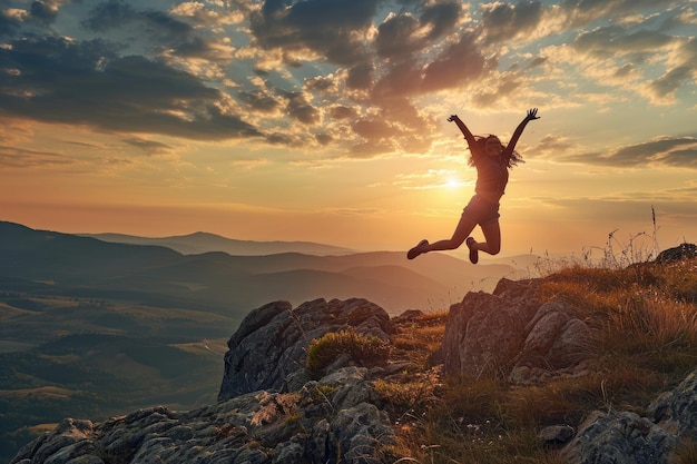 Photo successful woman joy when reaches to her objective woman jump on top of the mountain with arms open to a welcoming new day with sunrise ai generated