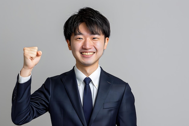 Successful young asian business man celebrating success isolated on gray background