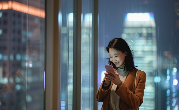 Успешная молодая азиатская бизнесменка, лидер, генеральный директор, стоящая в конференц-зале и разговаривающая по телефону с деловым партнером во время прогулки по улице компании, создающей концепцию городского образа жизни