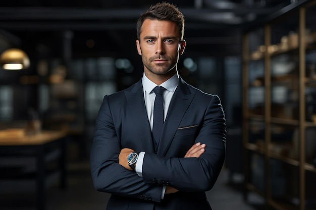 Successful Young Businessman Wearing Black Suit Standing with Arms Folded Looks Firm and Confidently