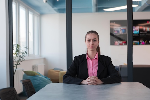 Successful young female leader in a suit with a pink shirt sitting in a modern glass office with a determined smile.Concept of business and the success of young people in modern online businesses