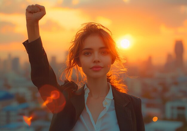 写真 成功した若い女性は ビジネスセンターの屋根の上に立って 拳を上げて 夕暮れの街を見ているビジネス女性です