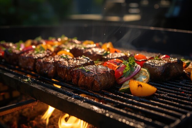 Photo successional picanha on the grill in a swimming pool barbecue on a sunny summer day generative ia