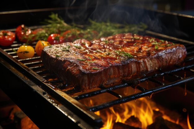 Photo successional picanha on the grill in a swimming pool barbecue on a sunny summer day generative ia