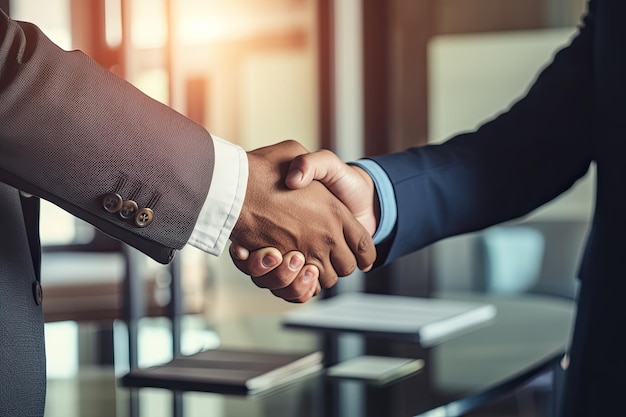 Succesvol zakelijk partnerschap Twee zakenlieden schudden elkaar de hand na ondertekening van de overeenkomst tijdens de vergadering