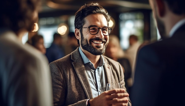 Succesvol zakelijk team geniet van koffie en gesprekken gegenereerd door AI