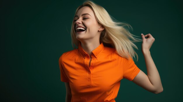 Succesvolle blonde vrouw met oranje kleren die geniet van het moment Generatieve AI