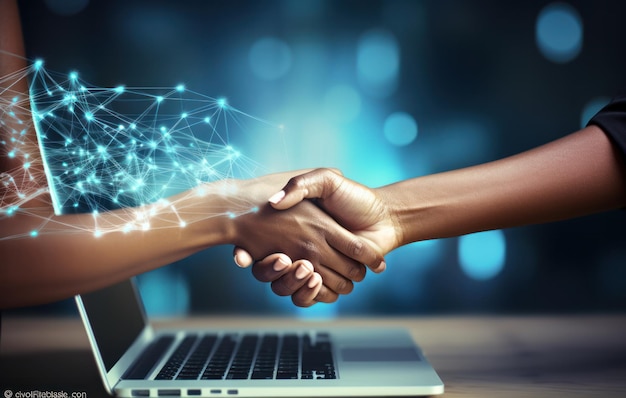 Succesvolle deal als vrouwen handen schudden over een laptop op een blauwe achtergrond