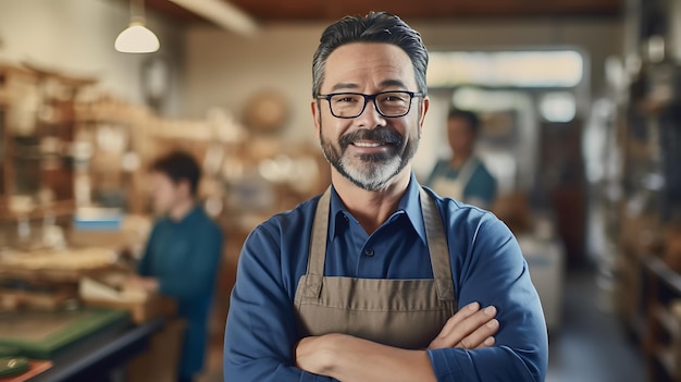 Succesvolle eigenaar van een klein bedrijf die met gekruiste armen staat met zijn trendy café op de achtergrond, behandeld met generatieve AI-technologie