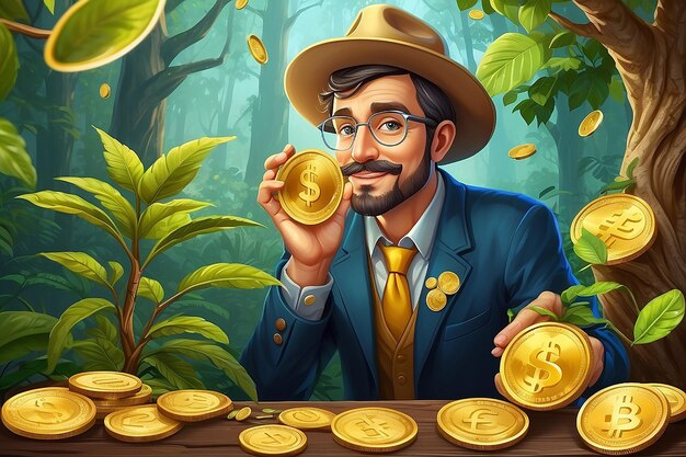 Succesvolle goudmijnwerker Gelukkige kerel die naar een gouden munt kijkt door een vergrootglas bij de geldboom