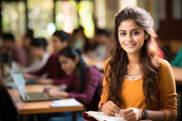 Succesvolle Indiase studente met een groep studenten in de klas van de universiteit