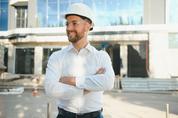 Succesvolle ingenieur of architect, kraan en bouwconstructie op de achtergrond. Vrolijke zakenman die helm draagt