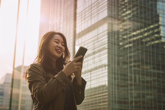 Succesvolle jonge Aziatische zakenvrouw leider CEO die in een vergaderzaal staat en telefonisch praat met een zakenpartner terwijl ze door de straat loopt van het bedrijf dat een stedelijk levensstijlconcept bouwt