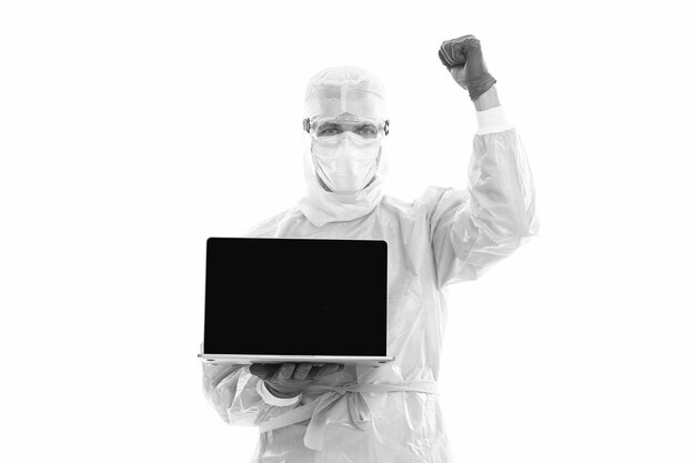 Succesvolle medische werkertechnologie in de moderne geneeskunde maak een afspraak met arts online online arts consultatie op covid uw persoonlijke account man therapeut met laptop perfecte dag