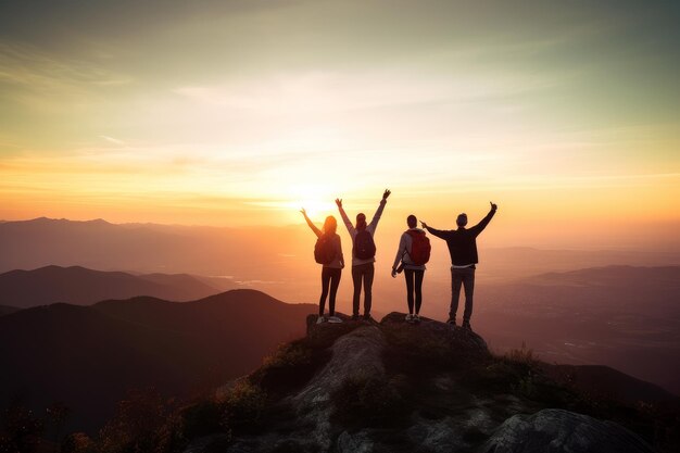 Succesvolle mensen vieren feest op de bergtop tijdens zonsondergang Generatieve AI