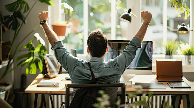 Foto succesvolle ondernemer die werk-levenbalans en persoonlijkheid bereikt meditatie rust eenheid met de natuur frisse lucht persoon kantoorwerker vakantie concept generatief door ai