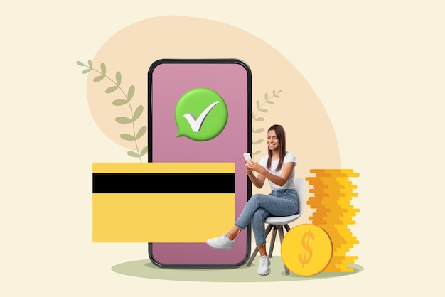 Succesvolle online betaling jonge vrouw die in de buurt van een enorme mobiele telefoon en creditcard zit met mobiel