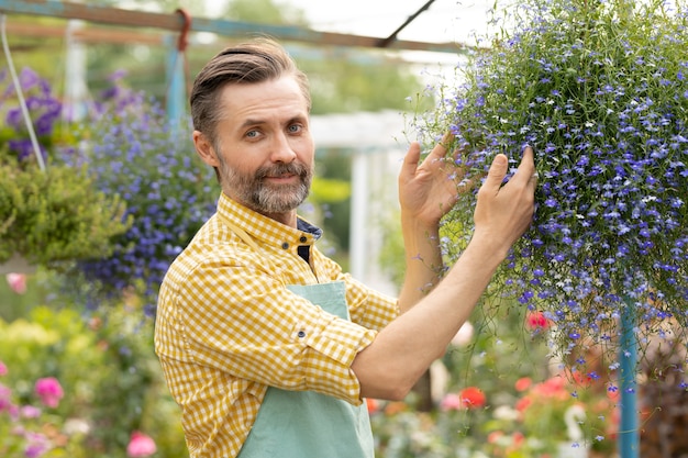 Succesvolle tuinman van middelbare leeftijd in schort die zich binnen serre door kleine bloeiende bloemen bevindt