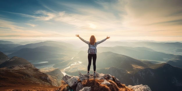 Succesvolle vrouw bereikt haar doel met vreugde Wandelaar geniet van de natuur op de top van de berg