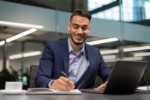 Succesvolle zakenman uit het Midden-Oosten die werkt op een modern kantoor