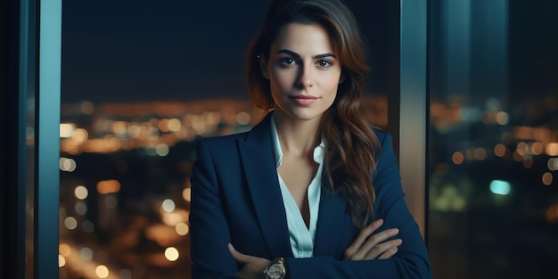 Succesvolle zakenvrouw in een stijlvol pak werkend in een kantoor op de bovenste verdieping met uitzicht op de nachtelijke stad