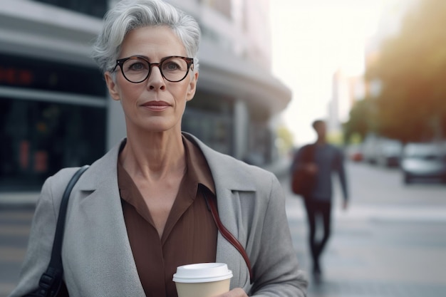 Succesvolle zakenvrouw met koffie loopt naar kantoor met warme drank in de hand Mooi portret op straat in de stad Generatieve AI