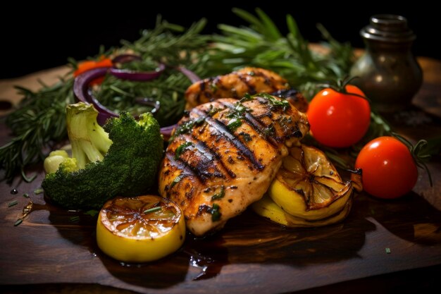 Photo succulent baked chicken breast displayed on a rustic textured backdrop