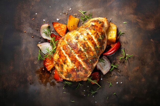 Photo succulent baked chicken breast displayed on a rustic textured backdrop