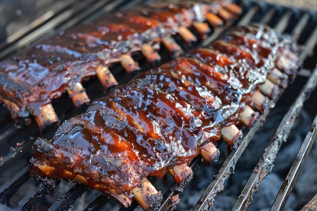 Photo succulent barbecued ribs covered in a glossy glaze presented on a wooden cutting board ready to be served